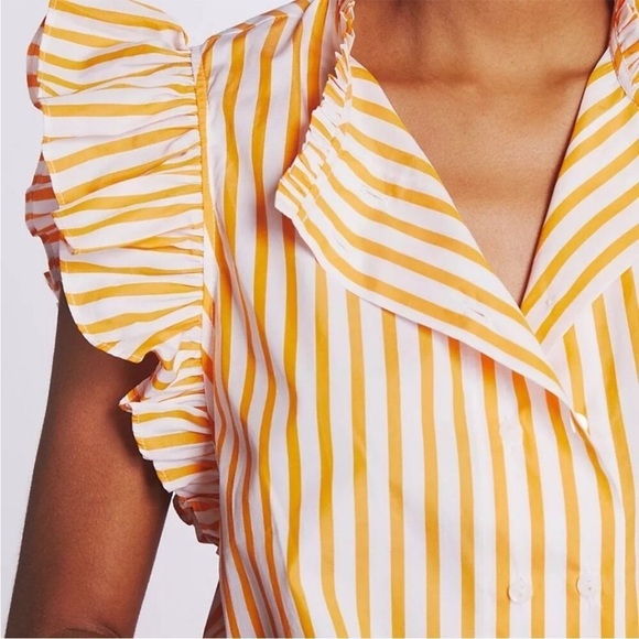 Anthropologie Harshman Striped Ruffle Short Sleeve Top Orange White Cotton M - Picture 3 of 8